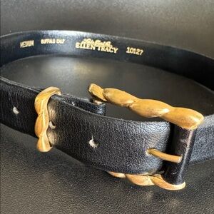 Ellen Tracy Buffalo Calf Leather Belt | Size Medium | Twisted Gold Buckle | 90s